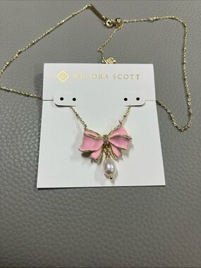 Kendra Scott Pink Enamel Bow Necklace with Pearl Drop